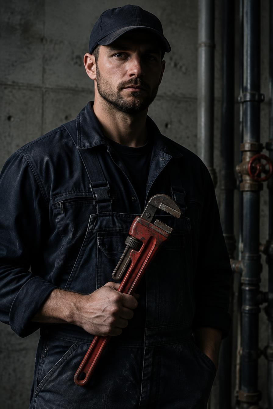 Plumber holding a pipe wrench in a concrete mechanical room