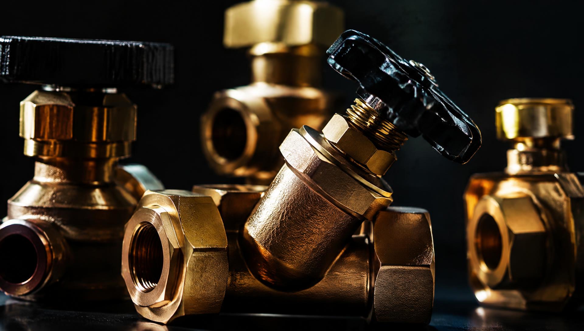Close-up of precision brass valves and pipe fittings
